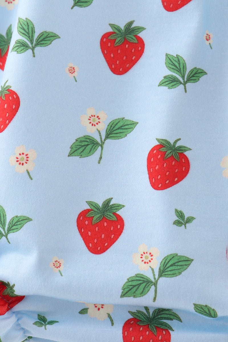 Blue Strawberry Embroidered Ruffle Bow Bubble - Abbies Place