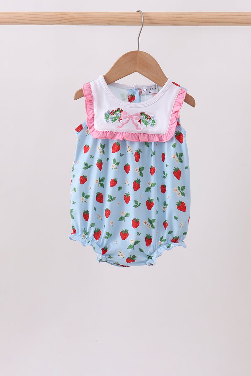 Blue Strawberry Embroidered Ruffle Bow Bubble - Abbies Place