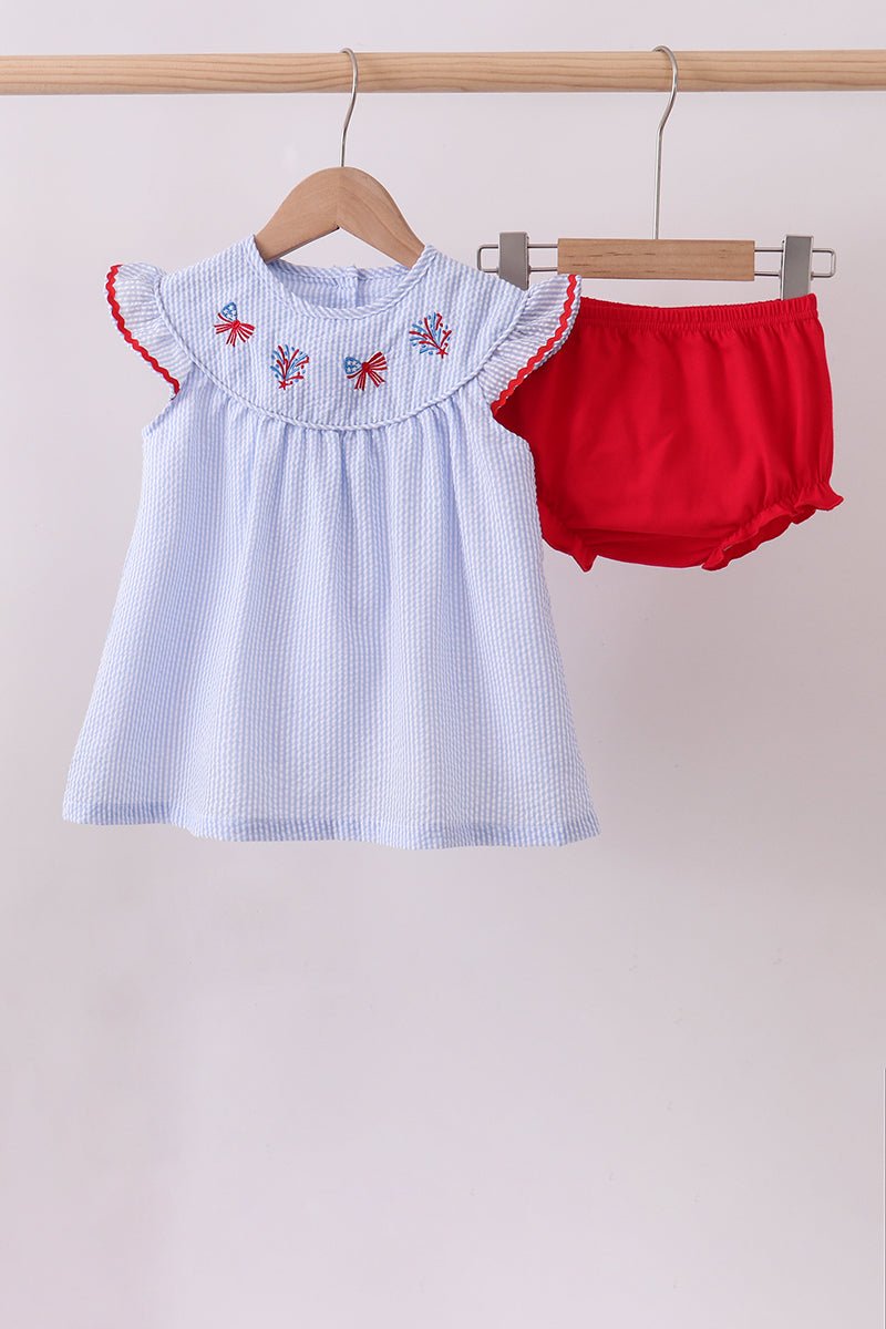 Blue stripe bow fireworks embroidery bloomer set - Abbies Place