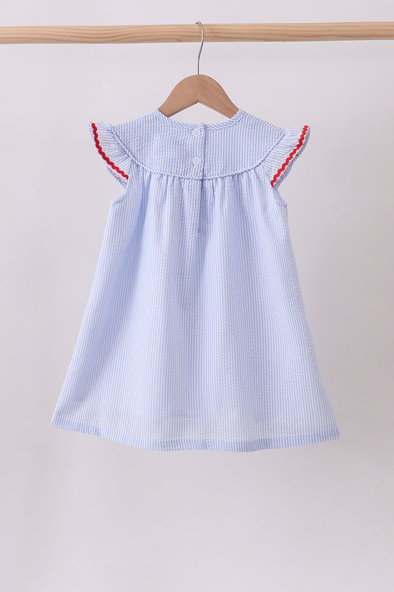 Blue stripe bow fireworks embroidery ruffle dress - Abbies Place