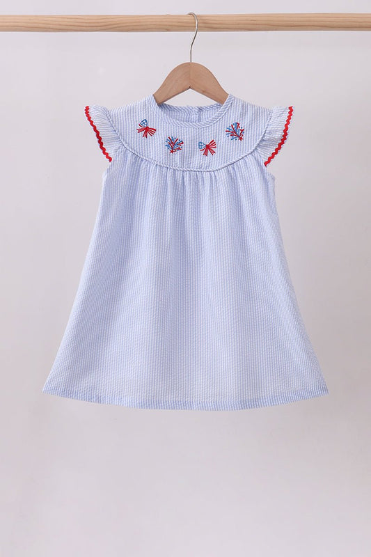 Blue stripe bow fireworks embroidery ruffle dress - Abbies Place