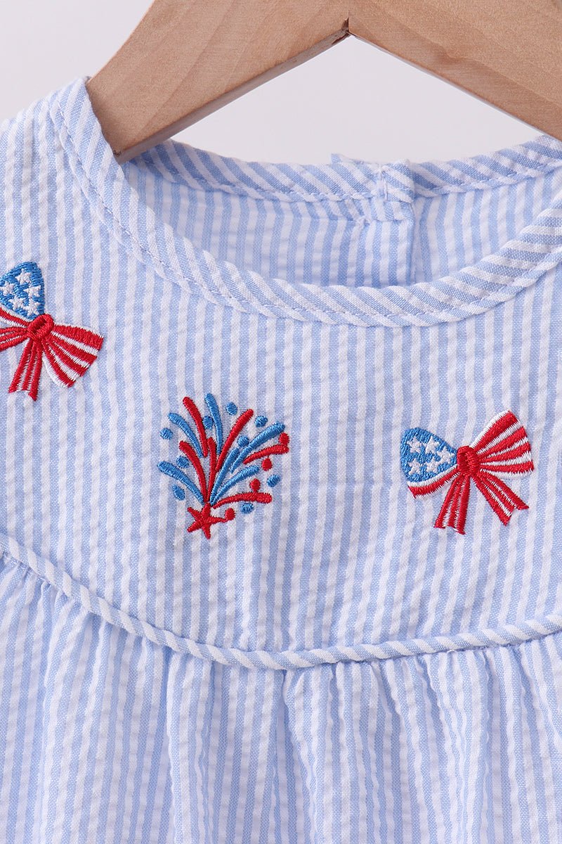 Blue stripe bow fireworks embroidery ruffle dress - Abbies Place