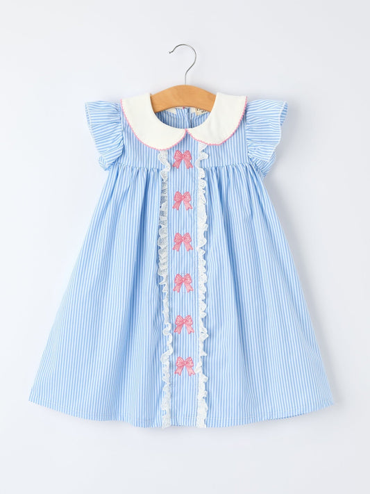 Blue Stripe Girl Dress Petal Peter Pan Collar Bow - Abbies Place