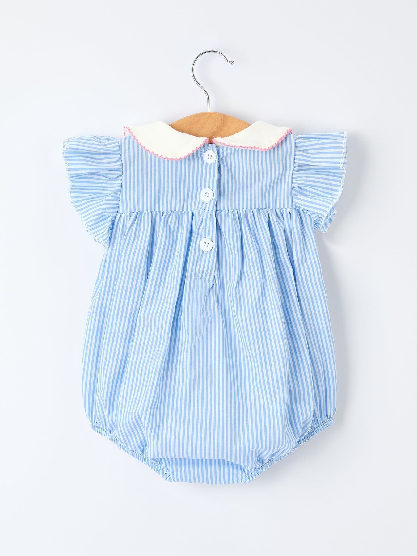 Blue Stripe Girl Romper Petal Peter Pan Collar Bow - Abbies Place