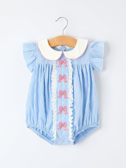 Blue Stripe Girl Romper Petal Peter Pan Collar Bow - Abbies Place