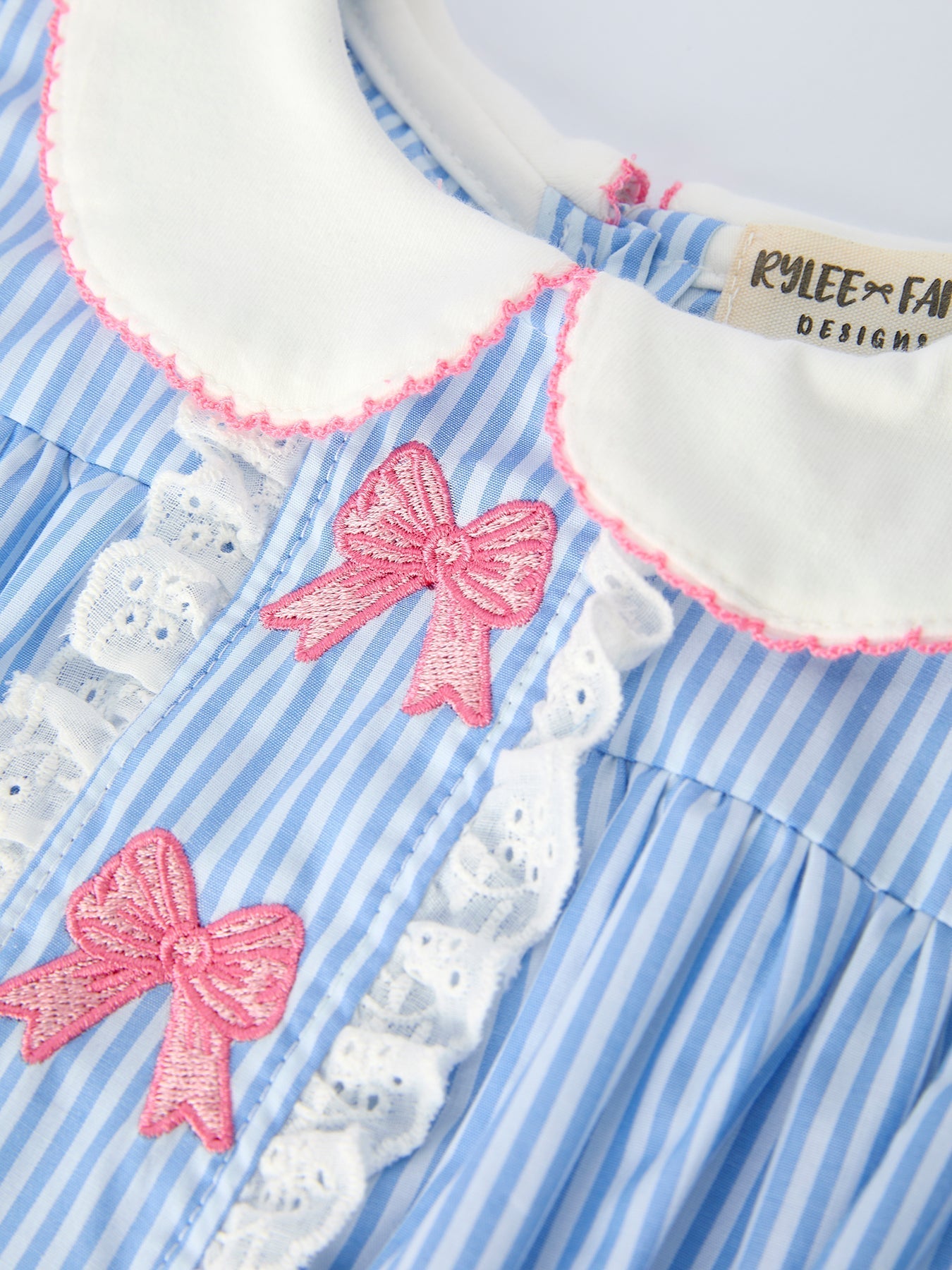 Blue Stripe Girl Romper Petal Peter Pan Collar Bow - Abbies Place