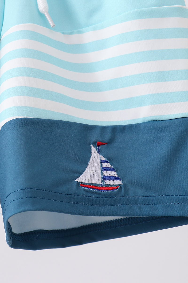 Blue stripe sailboat embroidery swim trunks - Abbies Place