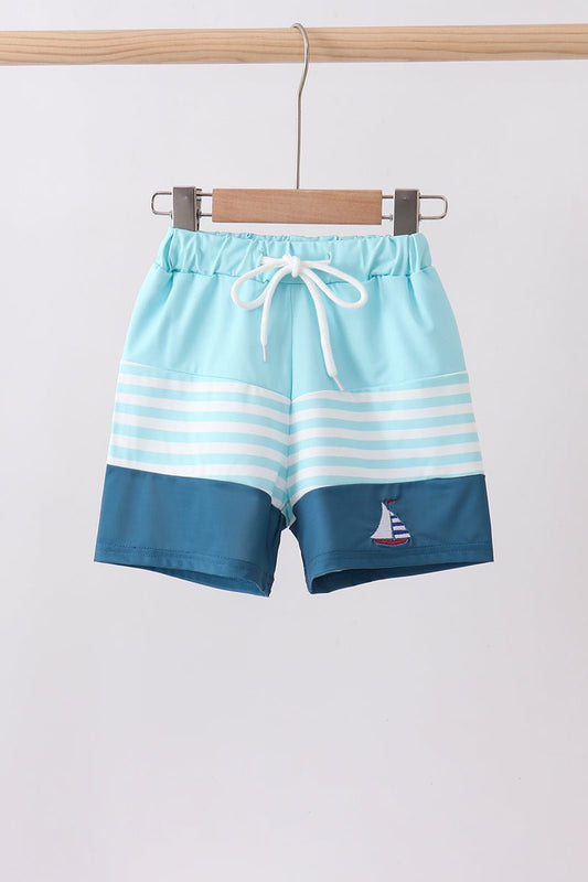Blue stripe sailboat embroidery swim trunks - Abbies Place
