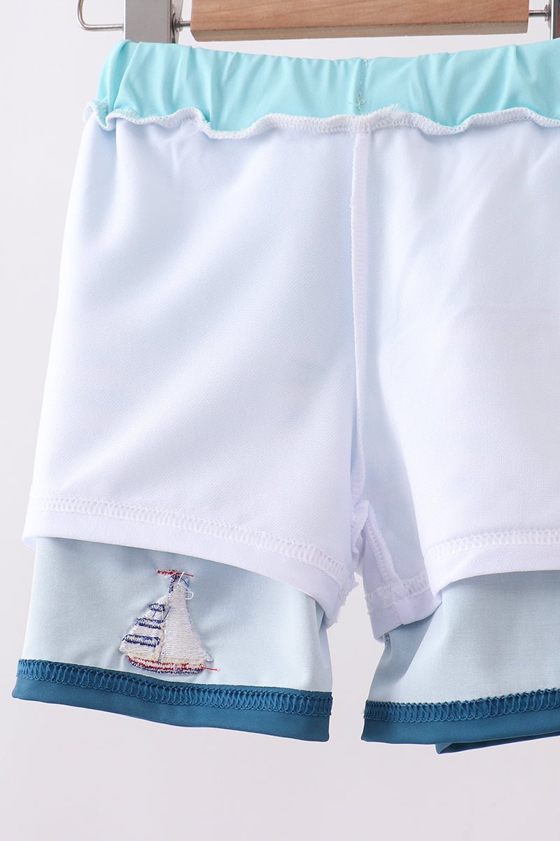 Blue stripe sailboat embroidery swim trunks - Abbies Place