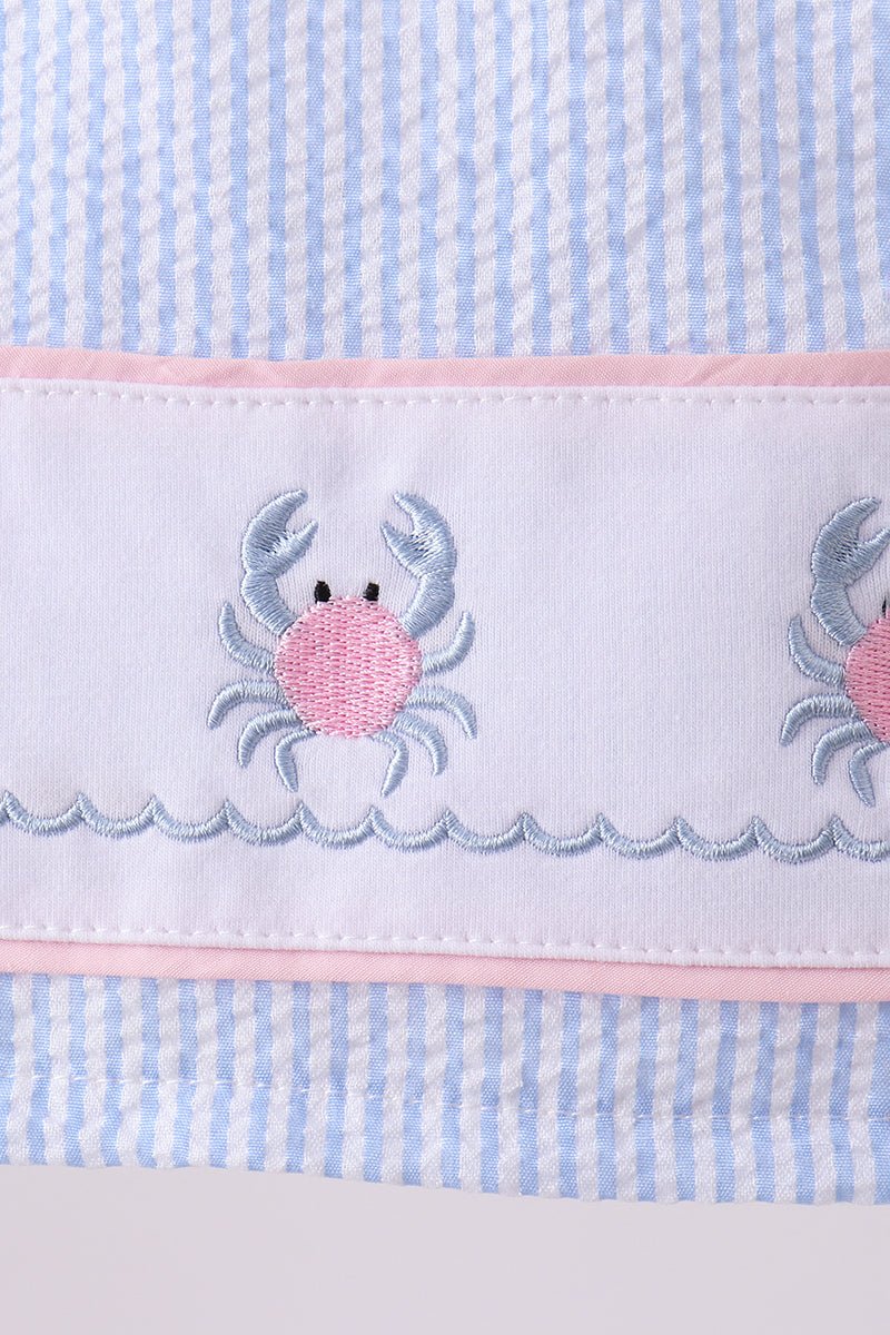 Blue stripe seersucker crab embroidery 2pc ruffle swimsuit - Abbies Place