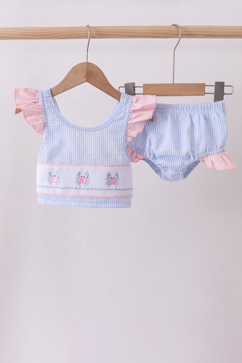 Blue stripe seersucker crab embroidery 2pc ruffle swimsuit - Abbies Place
