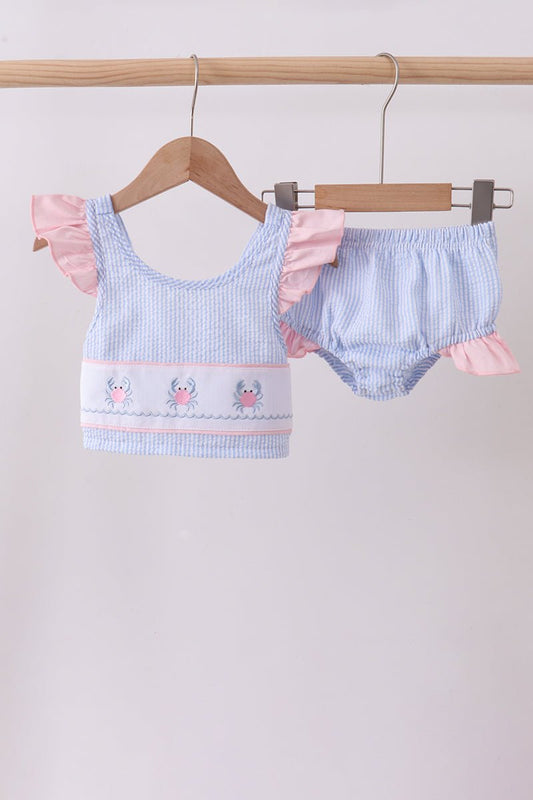 Blue stripe seersucker crab embroidery 2pc ruffle swimsuit - Abbies Place