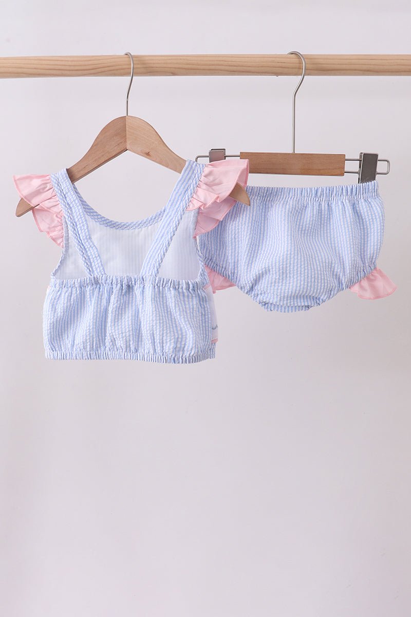 Blue stripe seersucker crab embroidery 2pc ruffle swimsuit - Abbies Place