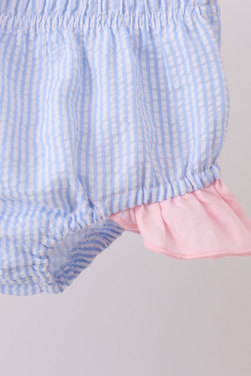 Blue stripe seersucker crab embroidery 2pc ruffle swimsuit - Abbies Place