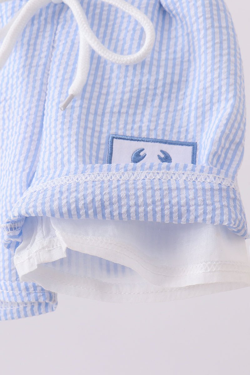 Blue stripe seersucker crab embroidery swim trunks - Abbies Place