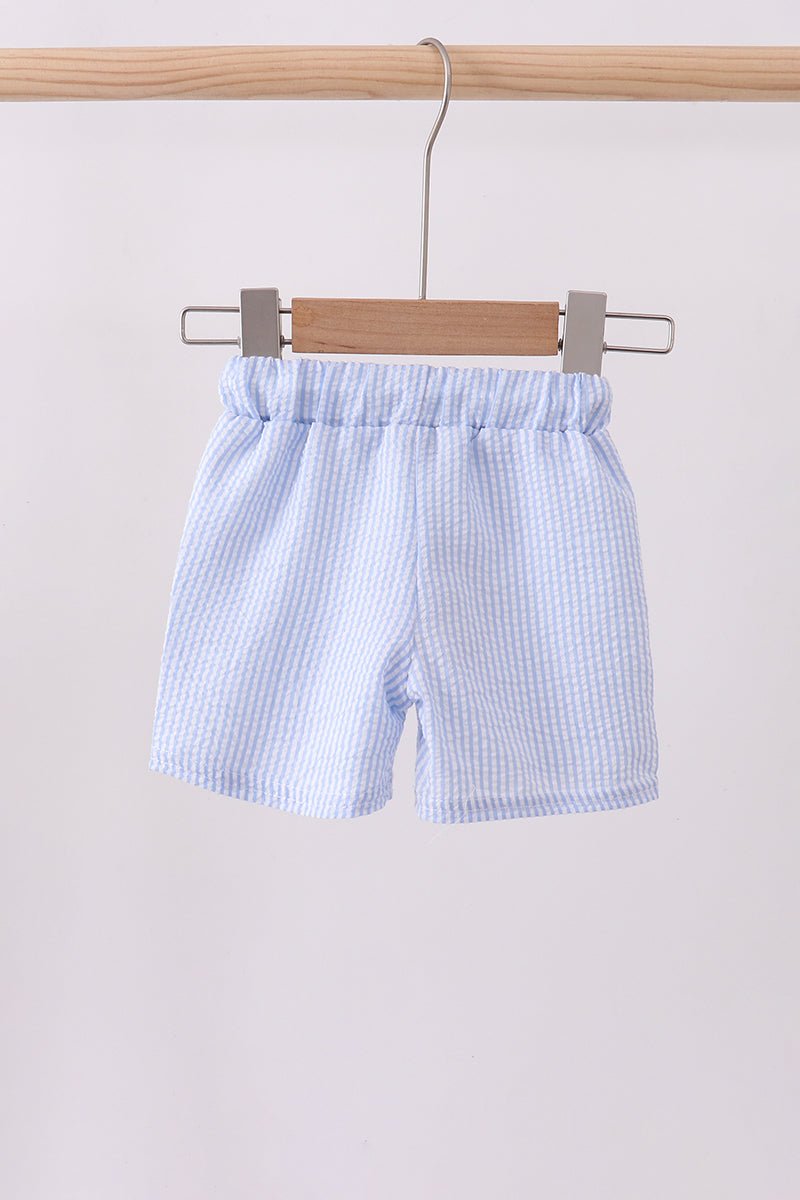Blue stripe seersucker crab embroidery swim trunks - Abbies Place