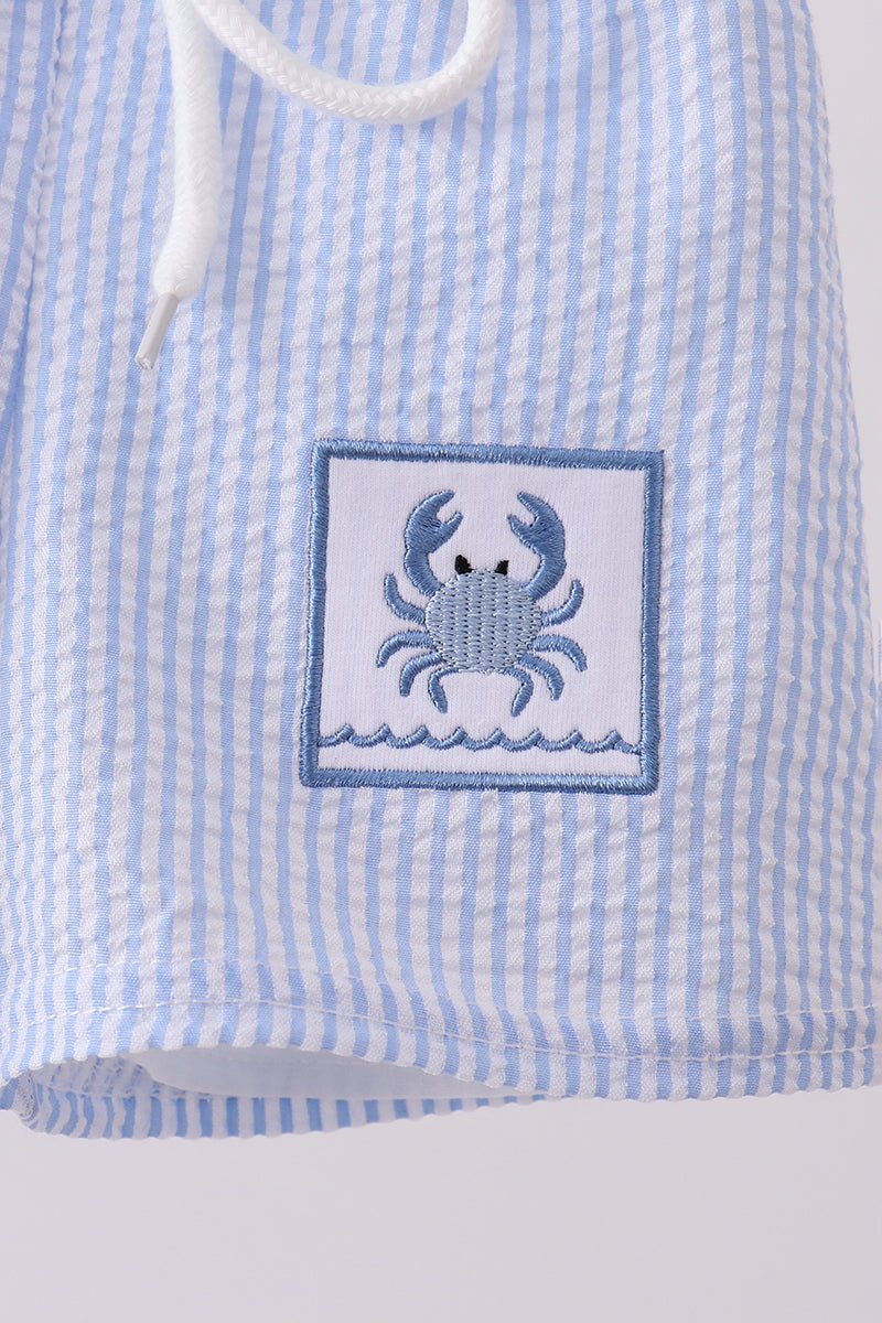Blue stripe seersucker crab embroidery swim trunks - Abbies Place