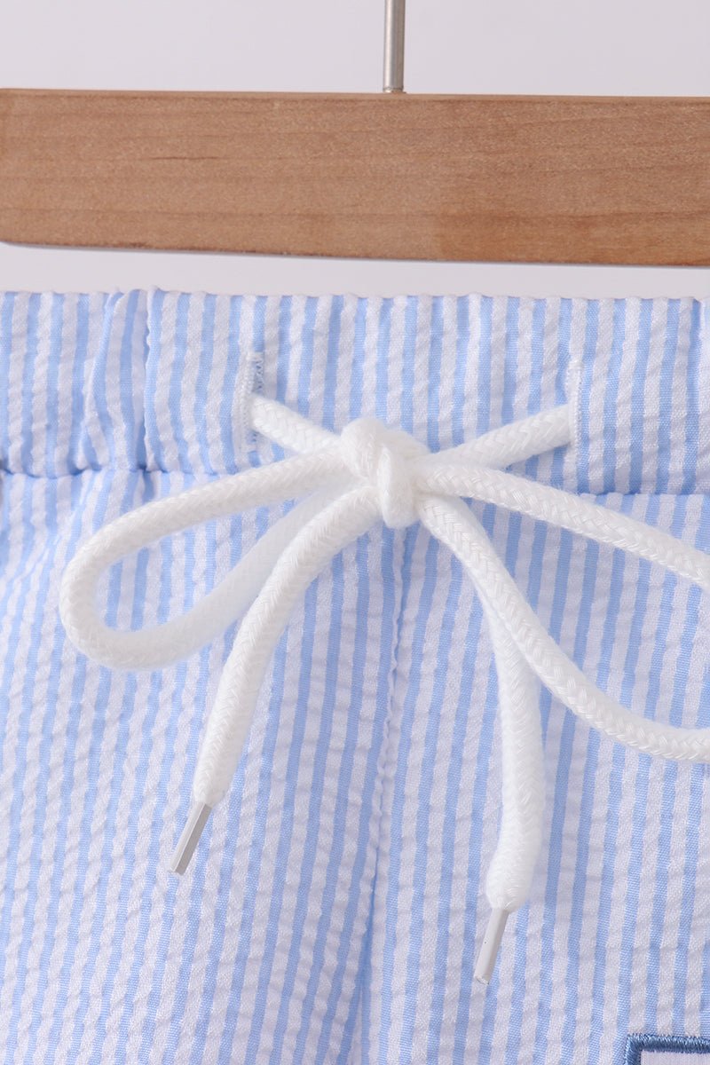 Blue stripe seersucker crab embroidery swim trunks - Abbies Place