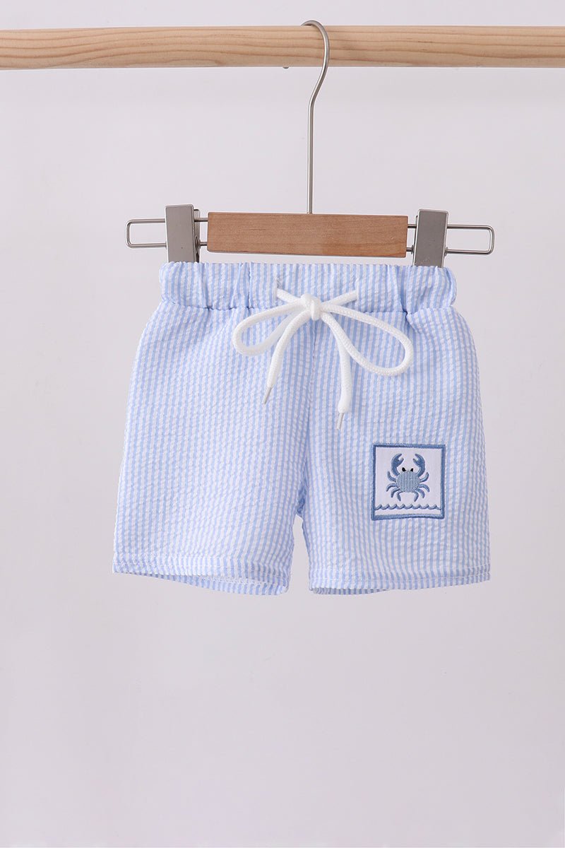 Blue stripe seersucker crab embroidery swim trunks - Abbies Place
