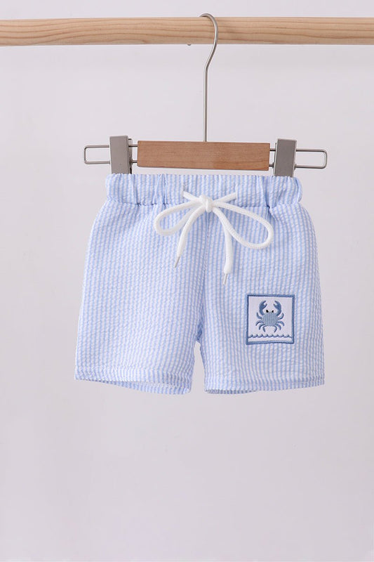 Blue stripe seersucker crab embroidery swim trunks - Abbies Place