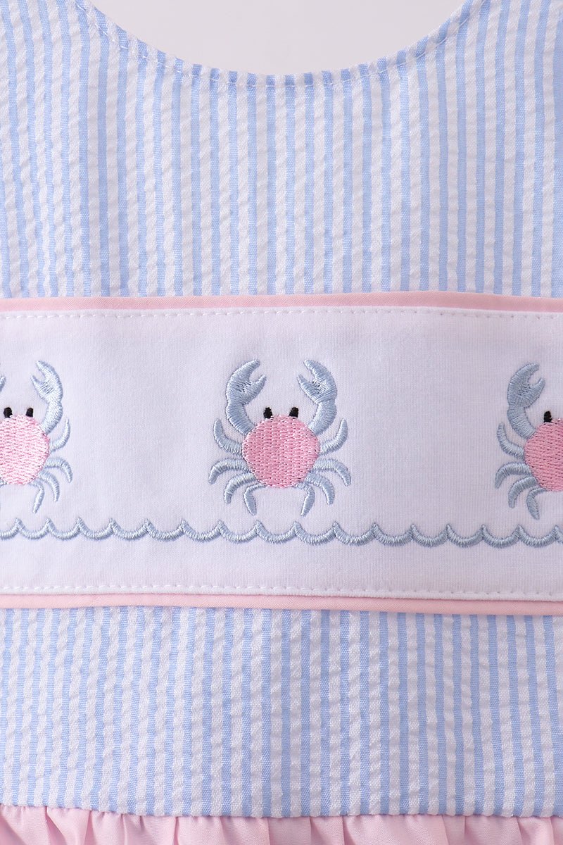 Blue stripe seersucker crab embroidery swimsuit - Abbies Place