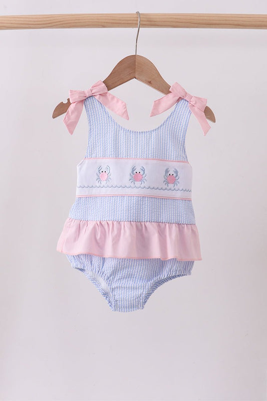 Blue stripe seersucker crab embroidery swimsuit - Abbies Place