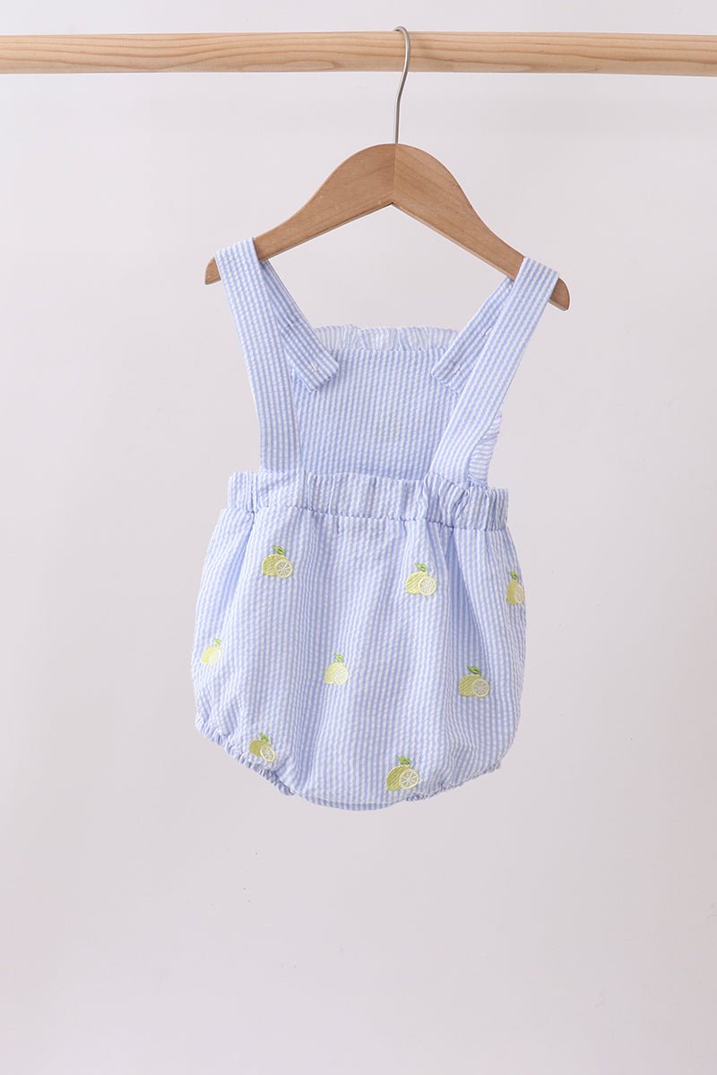Blue stripe seersucker lemon embroidery ruffle bubble - Abbies Place