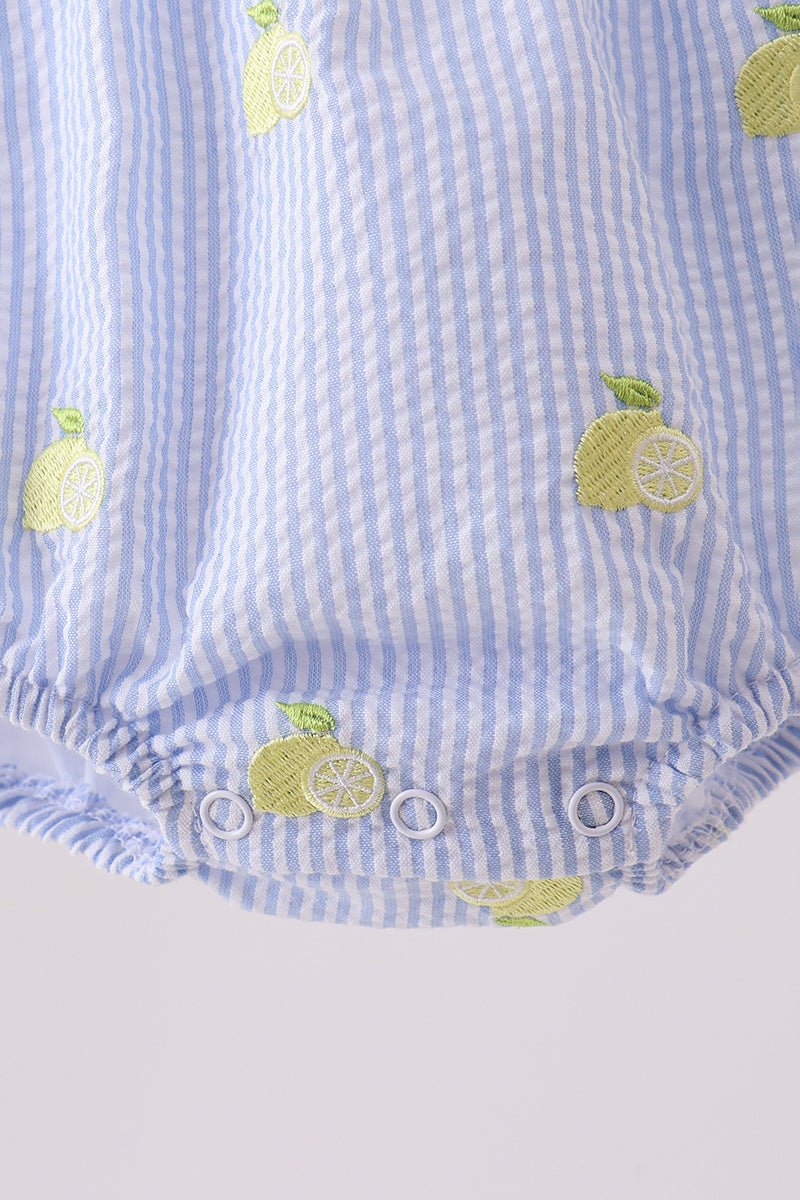 Blue stripe seersucker lemon embroidery ruffle bubble - Abbies Place