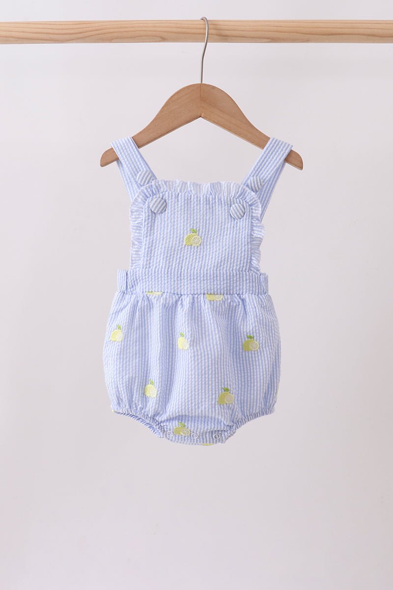 Blue stripe seersucker lemon embroidery ruffle bubble - Abbies Place
