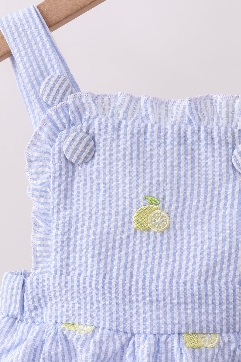Blue stripe seersucker lemon embroidery ruffle bubble - Abbies Place