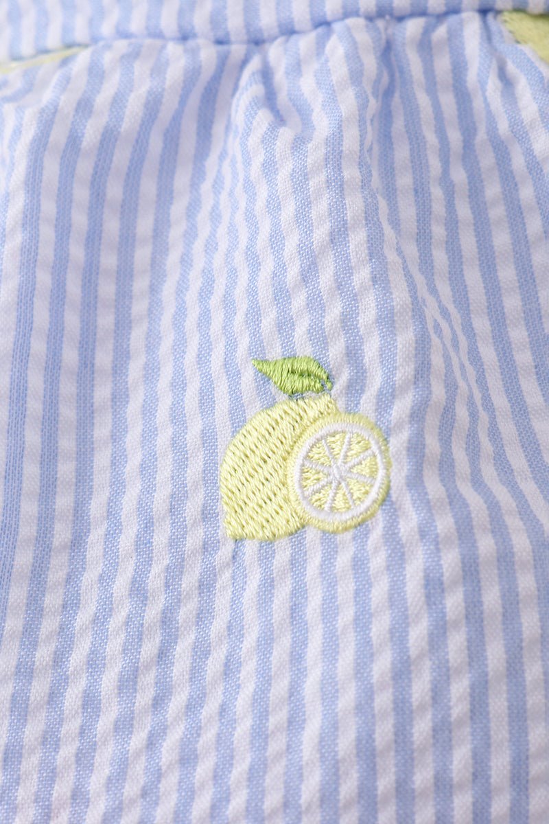 Blue stripe seersucker lemon embroidery ruffle bubble - Abbies Place