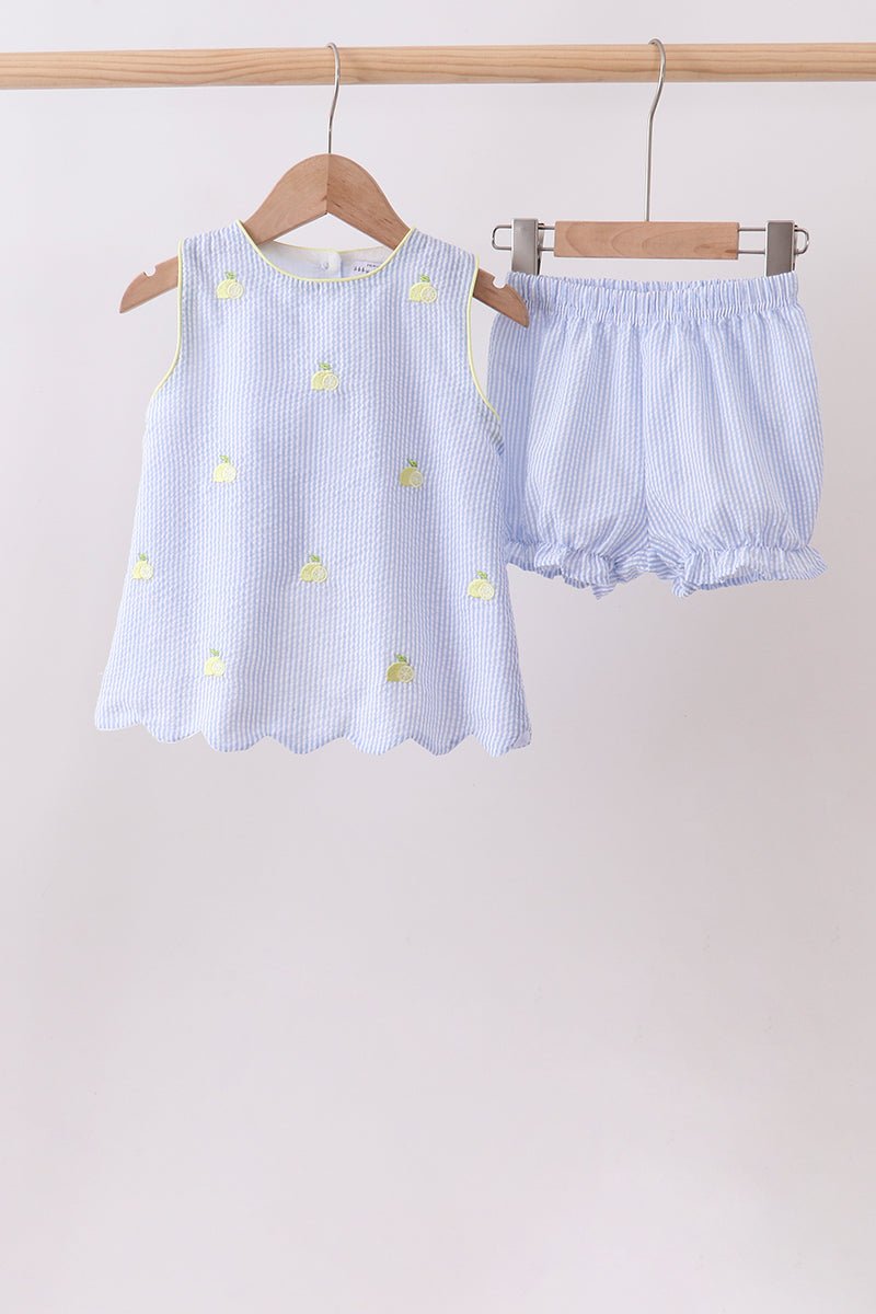 Blue stripe seersucker lemon embroidery scalloped bloomer set - Abbies Place