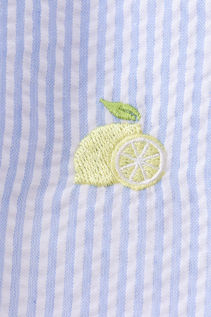 Blue stripe seersucker lemon embroidery scalloped bloomer set - Abbies Place