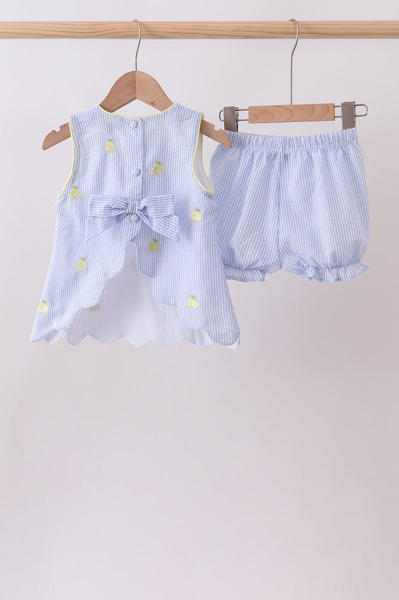 Blue stripe seersucker lemon embroidery scalloped bloomer set - Abbies Place