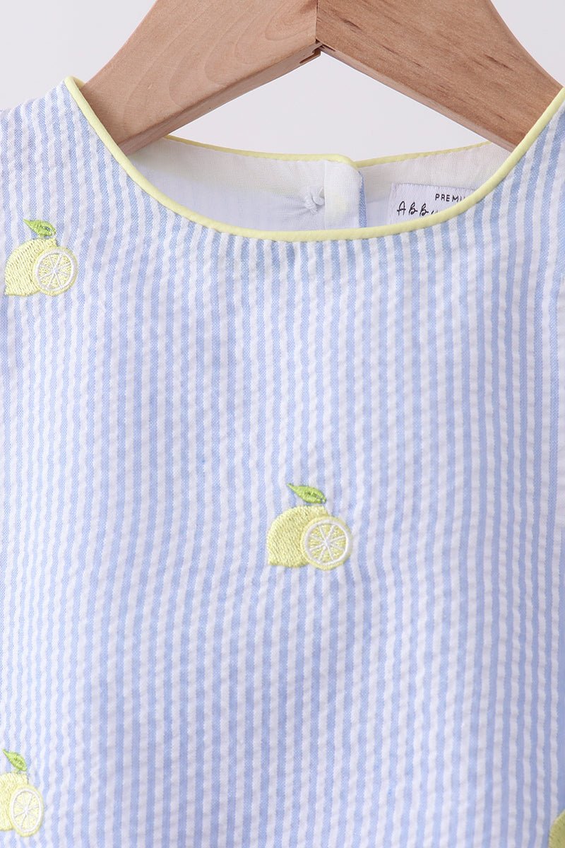 Blue stripe seersucker lemon embroidery scalloped bloomer set - Abbies Place
