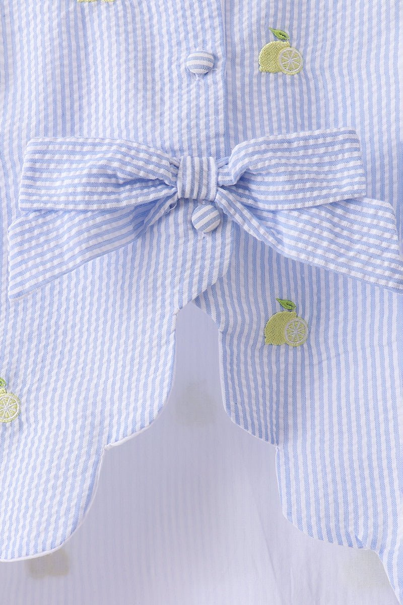 Blue stripe seersucker lemon embroidery scalloped bloomer set - Abbies Place