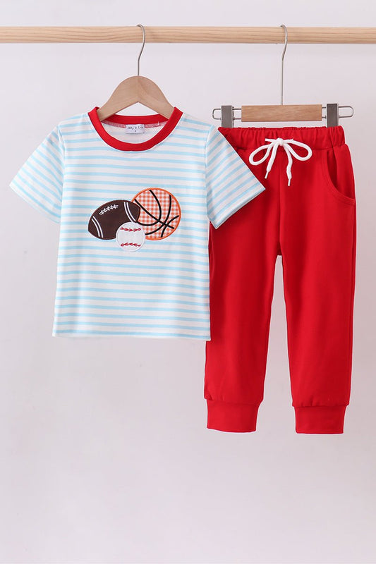 Blue stripe sports Trio applique pants set - Abbies Place