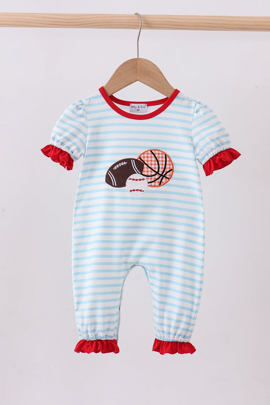 Blue stripe sports trio applique romper - Abbies Place