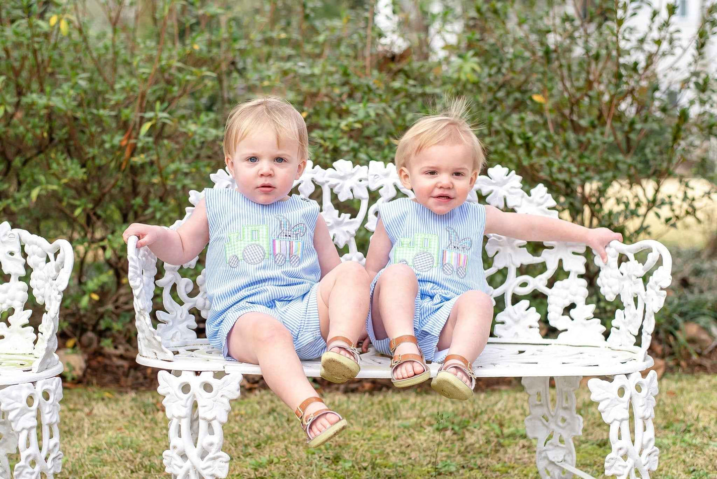Blue Striped Bunny Train Shortalls - Abbies Place
