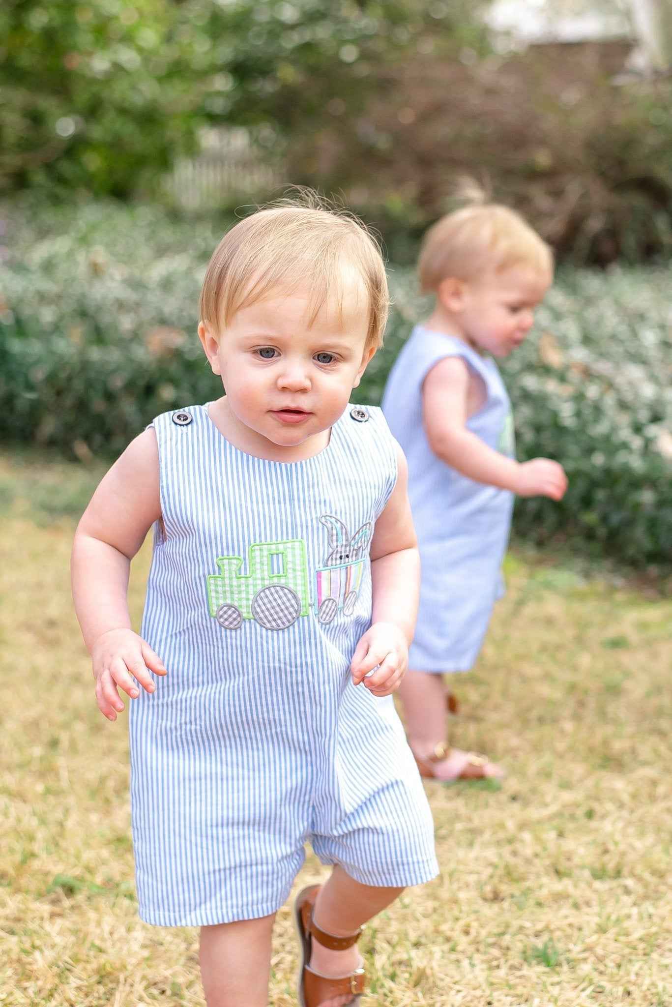Blue Striped Bunny Train Shortalls - Abbies Place