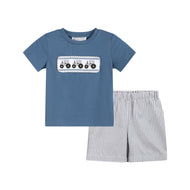 Blue Tractor Smocked Shirt and Gray Shorts Set