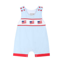 Load image into Gallery viewer, Blue USA Flag Smocked Shortalls
