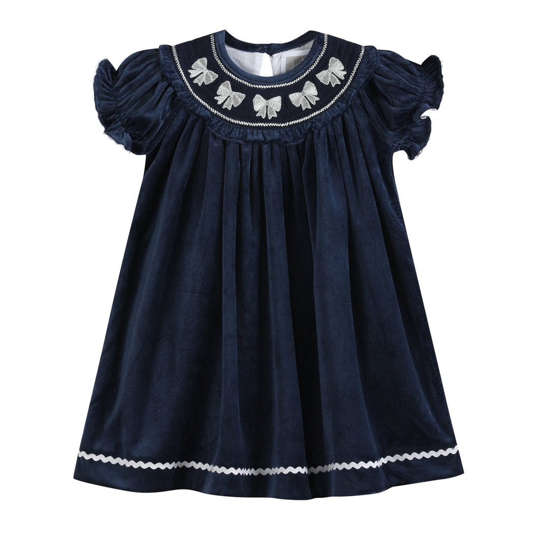 Blue Velvet Silver Bows Smocked Ruffle Bishop Dress