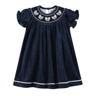 Blue Velvet Silver Bows Smocked Ruffle Bishop Dress