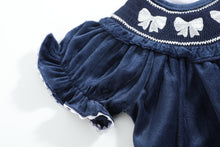 Load image into Gallery viewer, Blue Velvet Silver Bows Smocked Ruffle Bishop Dress

