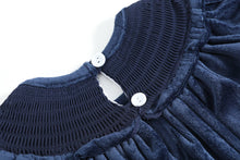 Load image into Gallery viewer, Blue Velvet Silver Bows Smocked Ruffle Bishop Dress
