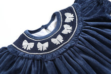 Load image into Gallery viewer, Blue Velvet Silver Bows Smocked Ruffle Bishop Dress
