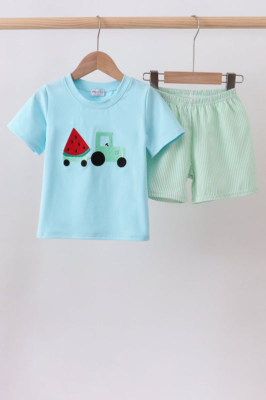 Blue watermelon truck seersucker shorts set - Abbies Place
