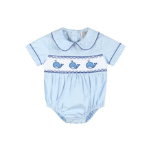 Load image into Gallery viewer, Blue Whale Smocked Collared Bubble Romper
