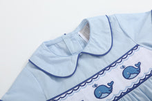 Load image into Gallery viewer, Blue Whale Smocked Collared Bubble Romper
